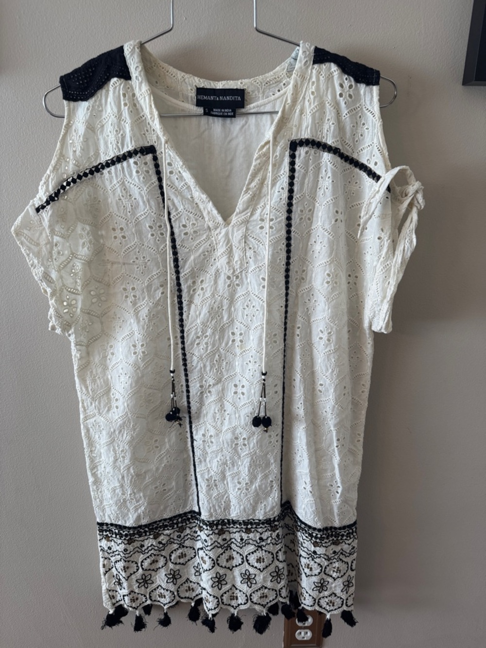 HEMANT & NANDITA Cream Eyelet Tunic with Black Trim and Tassels
